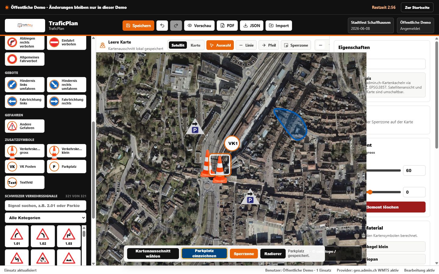 Echte TraficPlan-Softwareansicht mit geo.admin.ch-Satellitenkarte, Verkehrszeichen, VK-Posten und Parkfläche