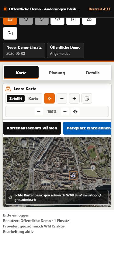 Echte mobile TraficPlan-Kartenansicht mit Schweizer Satellitenkarte und Parktriopan